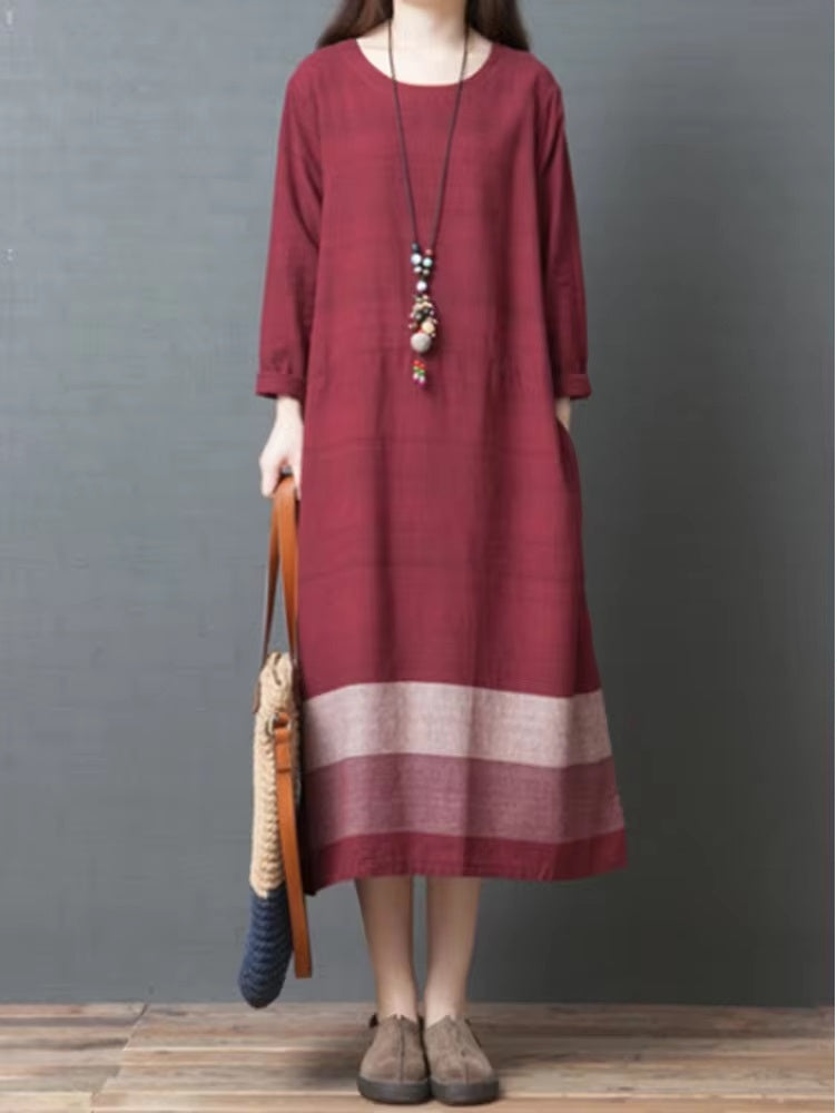 Vintage Style O-neck Loose Comfortable Cotton Linen Long Dress