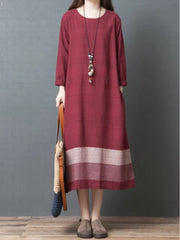 Vintage Style O-neck Loose Comfortable Cotton Linen Long Dress