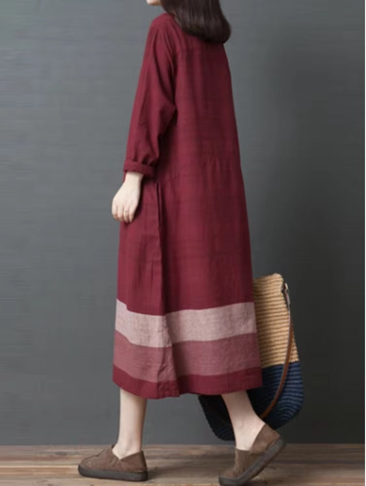 Vintage Style O-neck Loose Comfortable Cotton Linen Long Dress