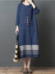 Vintage Style O-neck Loose Comfortable Cotton Linen Long Dress