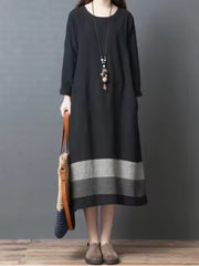 Vintage Style O-neck Loose Comfortable Cotton Linen Long Dress