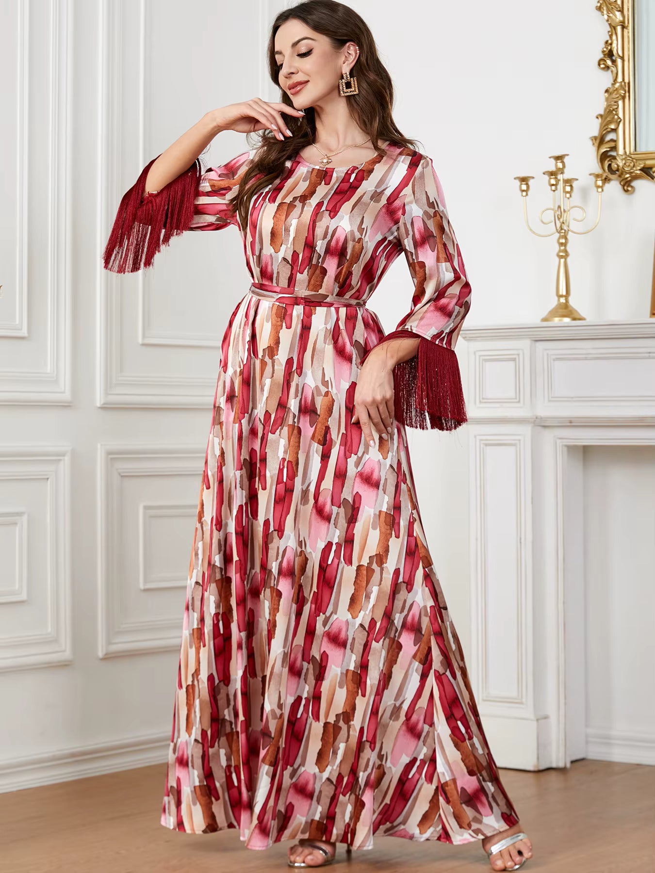 Vintage Three Quarter Fringe Contrast With Bel Slim Ankle-Length Maxi Dress