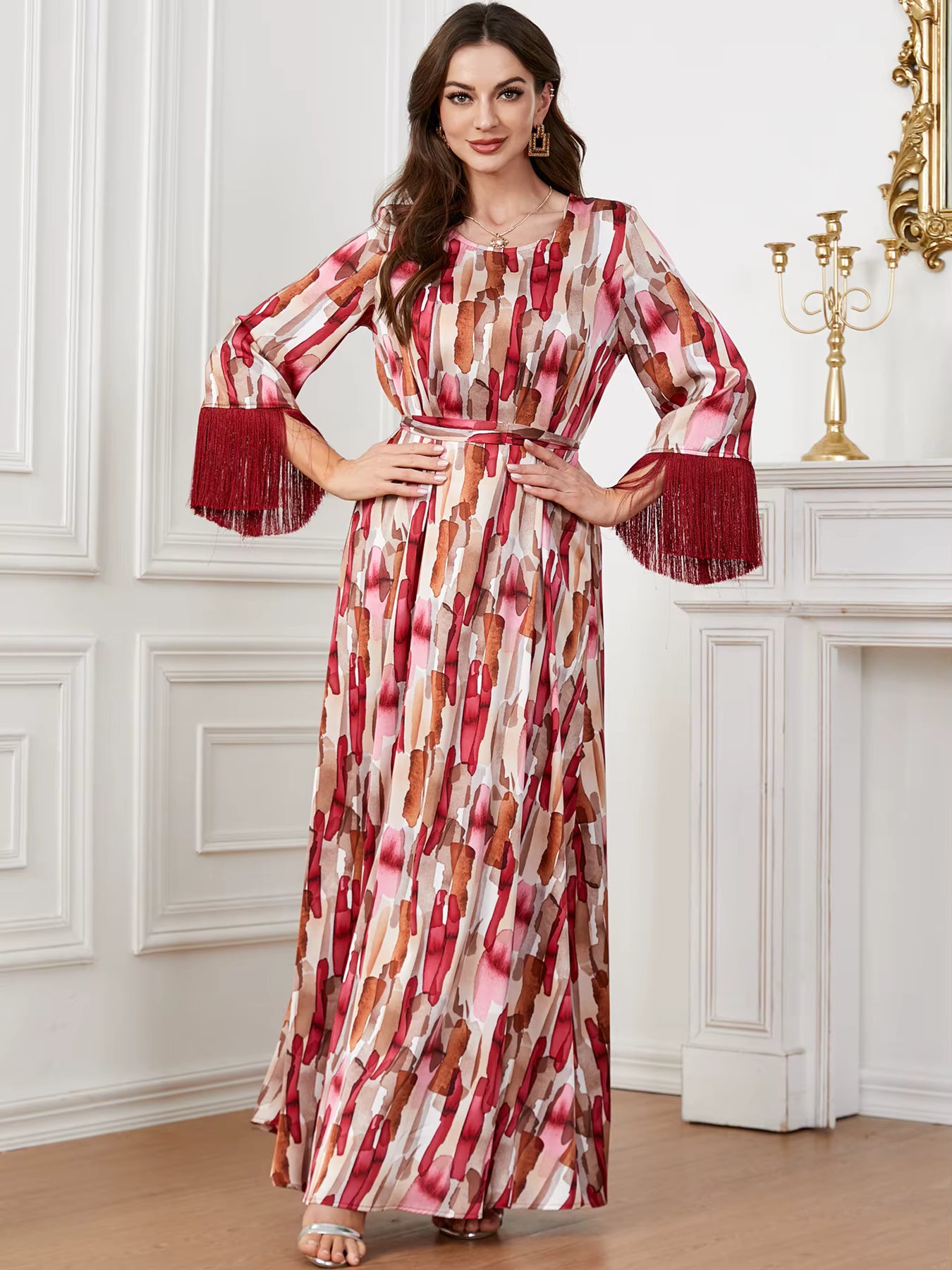 Vintage Three Quarter Fringe Contrast With Bel Slim Ankle-Length Maxi Dress