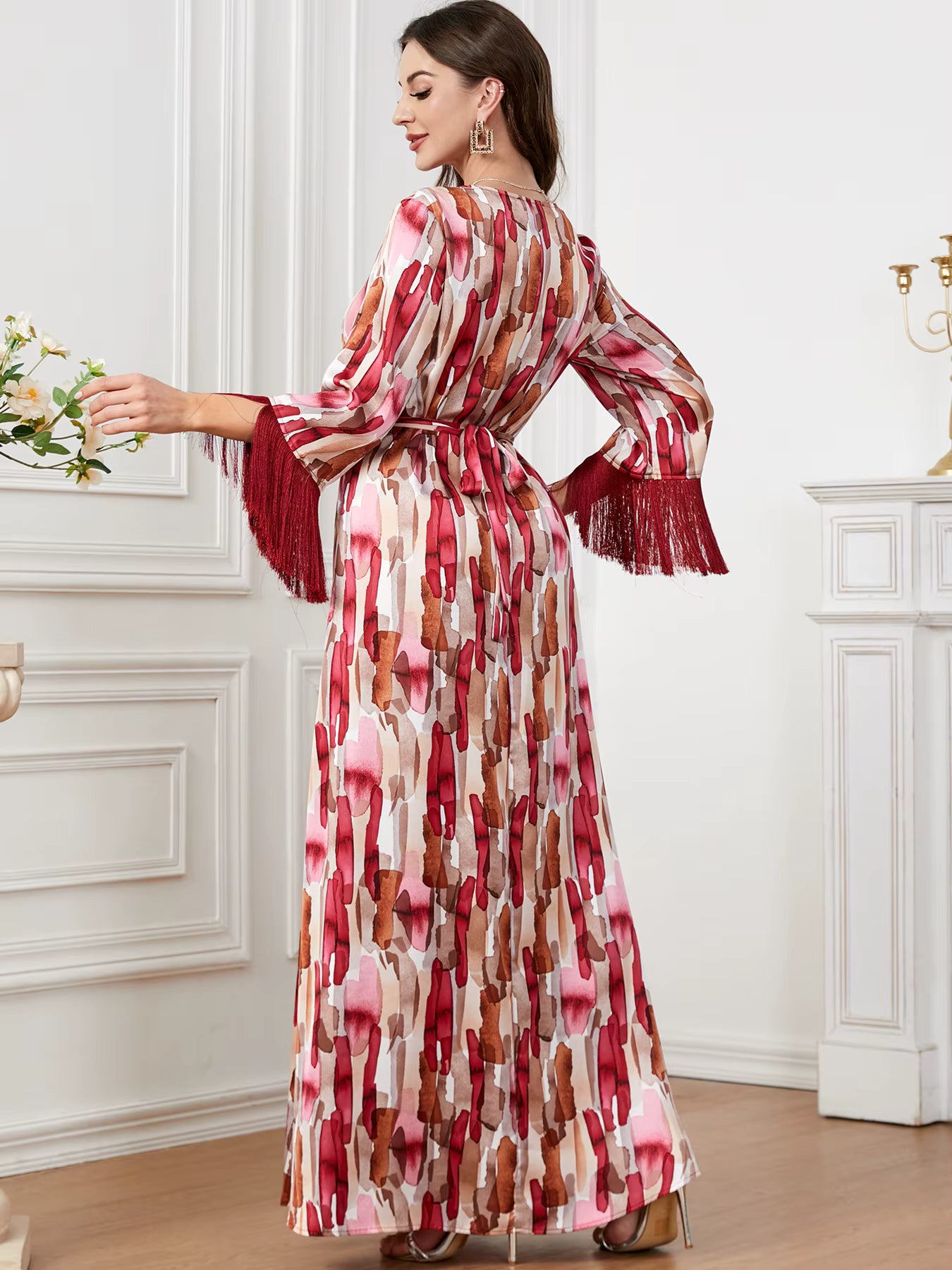 Vintage Three Quarter Fringe Contrast With Bel Slim Ankle-Length Maxi Dress