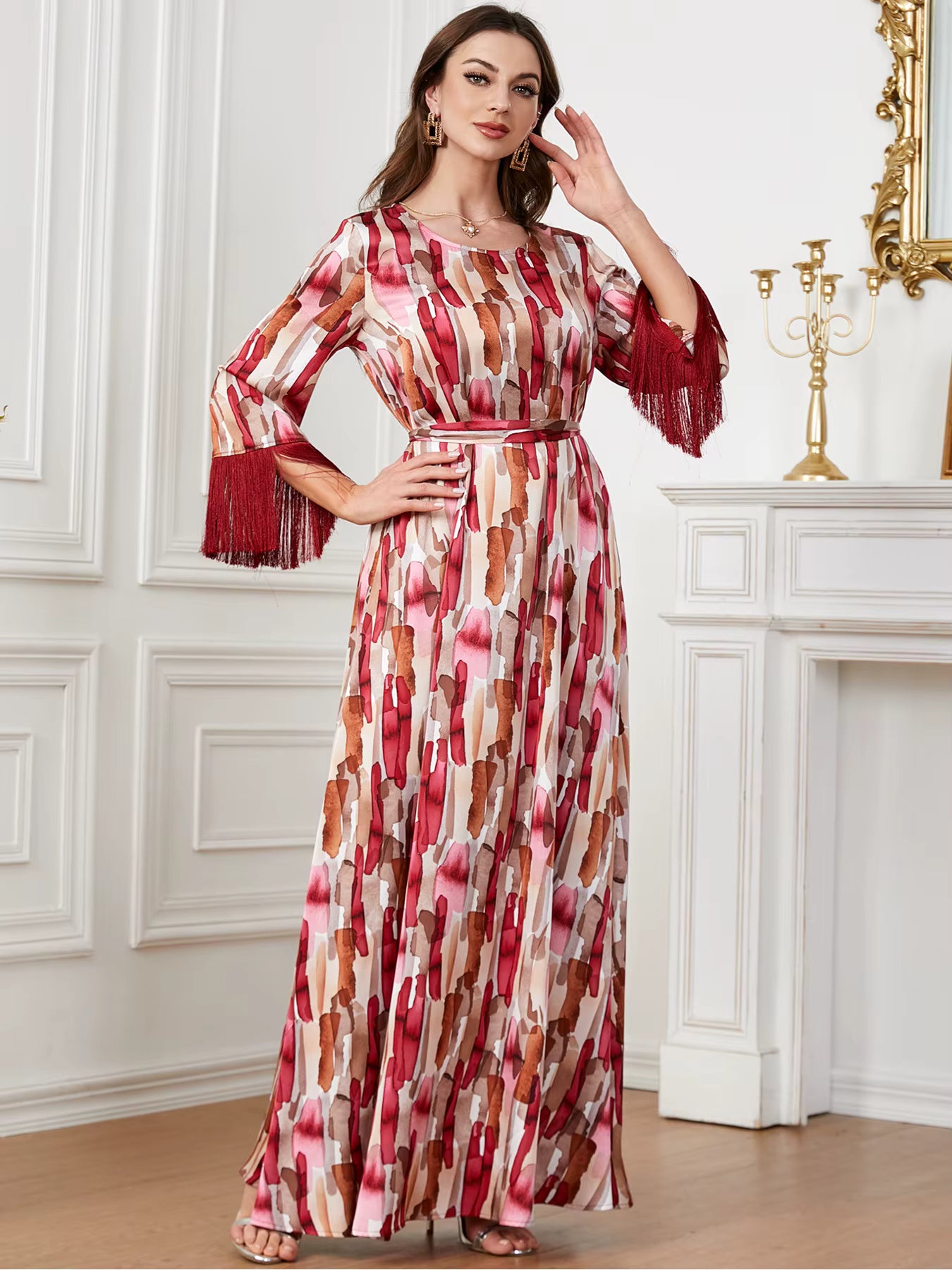 Vintage Three Quarter Fringe Contrast With Bel Slim Ankle-Length Maxi Dress