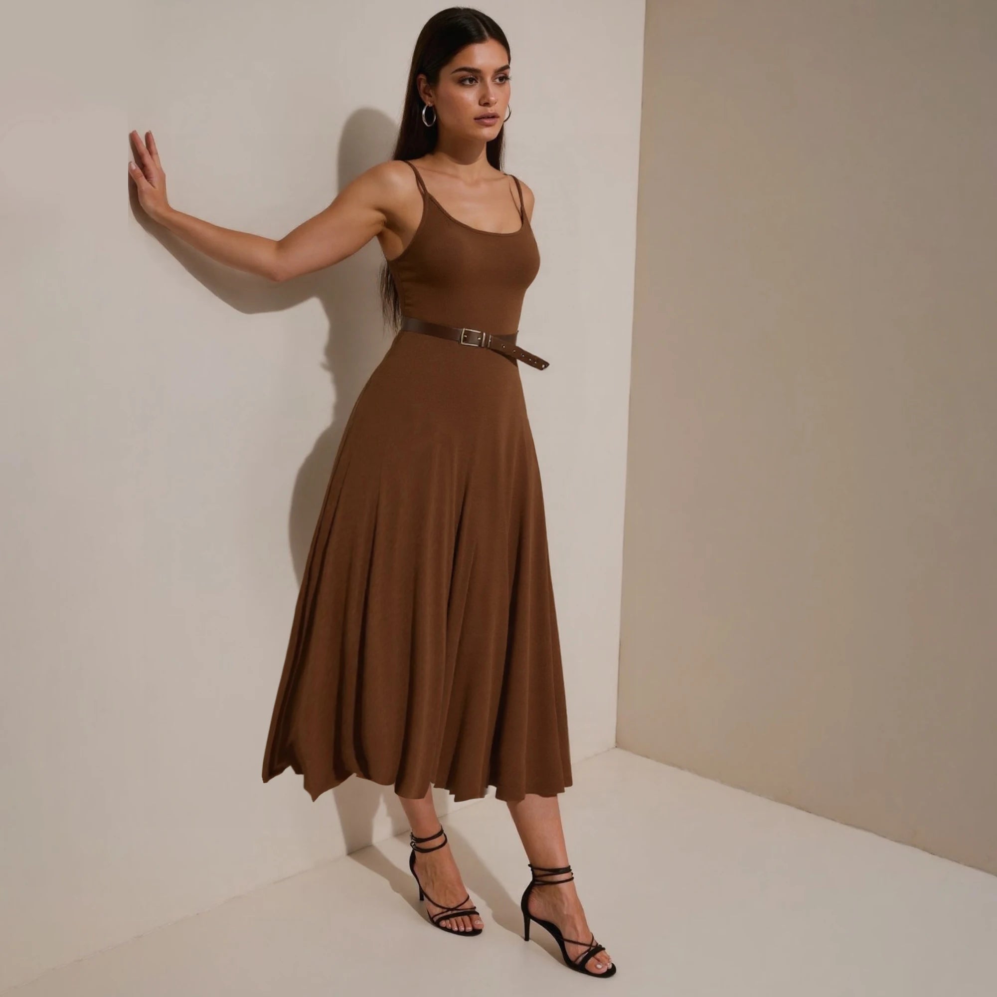 Vintage Sashes Retro Long Skirt With Belt Strap Vest Dress