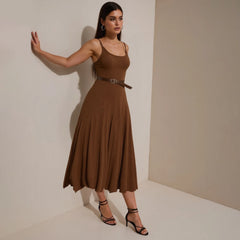 Vintage Sashes Retro Long Skirt With Belt Strap Vest Dress