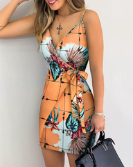Vintage Tropical Print V-Neck Wrap Casual Sleeveless Holiday Mini Dress