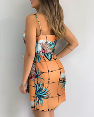 Vintage Tropical Print V-Neck Wrap Casual Sleeveless Holiday Mini Dress