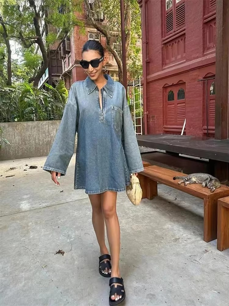 Vintage Turn Down Collar Zipper Long Sleeve Pocket Loose Dress
