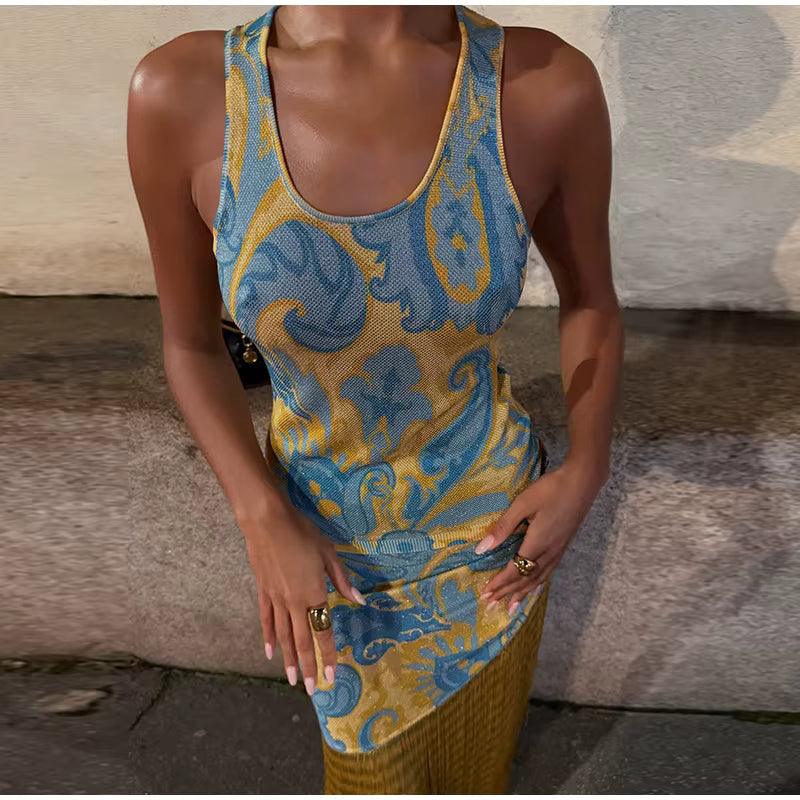 Vintage V-Neck Sleeveless Pleated Printed Tassels Slim Evening Party Long Maxi Dress