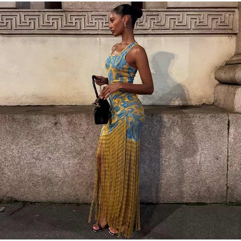 Vintage V-Neck Sleeveless Pleated Printed Tassels Slim Evening Party Long Maxi Dress