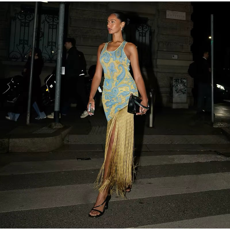 Vintage V-Neck Sleeveless Pleated Printed Tassels Slim Evening Party Long Maxi Dress