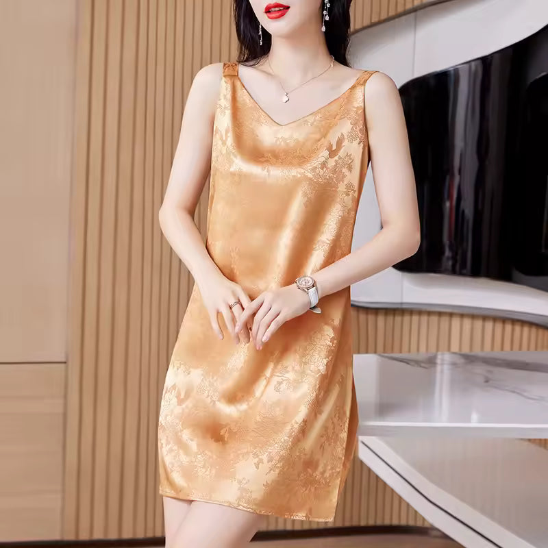 Vintage V-neck Sleeveless Spaghetti Strap Mini Satin Dresses
