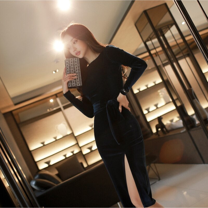 Vintage Velvet Sheath O Neck Full Sleeve Knee-Length Dress