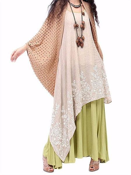 Vintage Patchwork Embroidery O-Neck Layered Dress