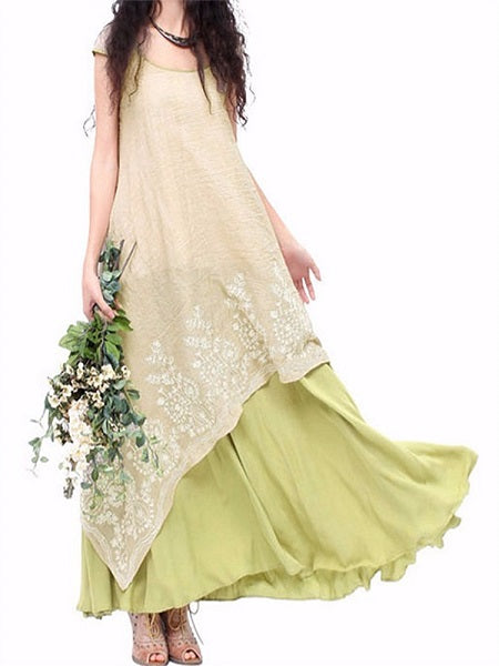 Vintage Patchwork Embroidery O-Neck Layered Dress