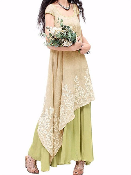 Vintage Patchwork Embroidery O-Neck Layered Dress