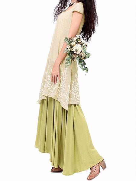 Vintage Patchwork Embroidery O-Neck Layered Dress