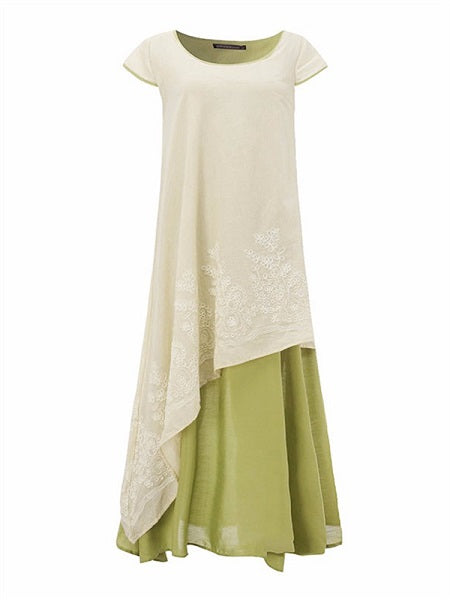 Vintage Patchwork Embroidery O-Neck Layered Dress
