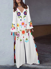 Vintage Folk Style Print V-Neck Split Hem Maxi Dress with Tassel