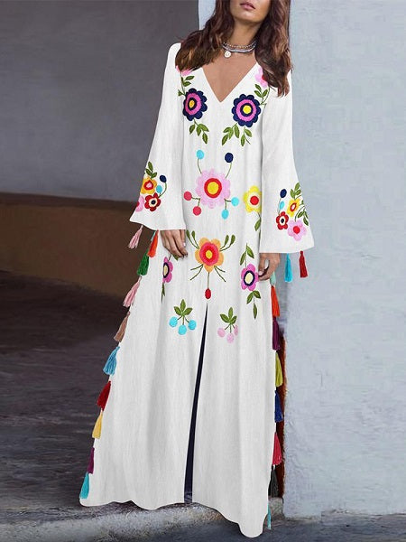 Vintage Folk Style Print V-Neck Split Hem Maxi Dress with Tassel