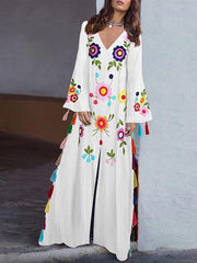 Vintage Folk Style Print V-Neck Split Hem Maxi Dress with Tassel
