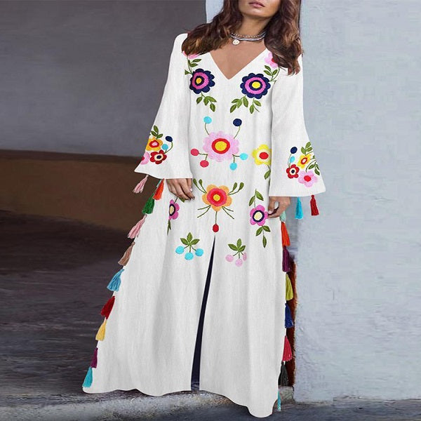 Vintage Folk Style Print V-Neck Split Hem Maxi Dress with Tassel