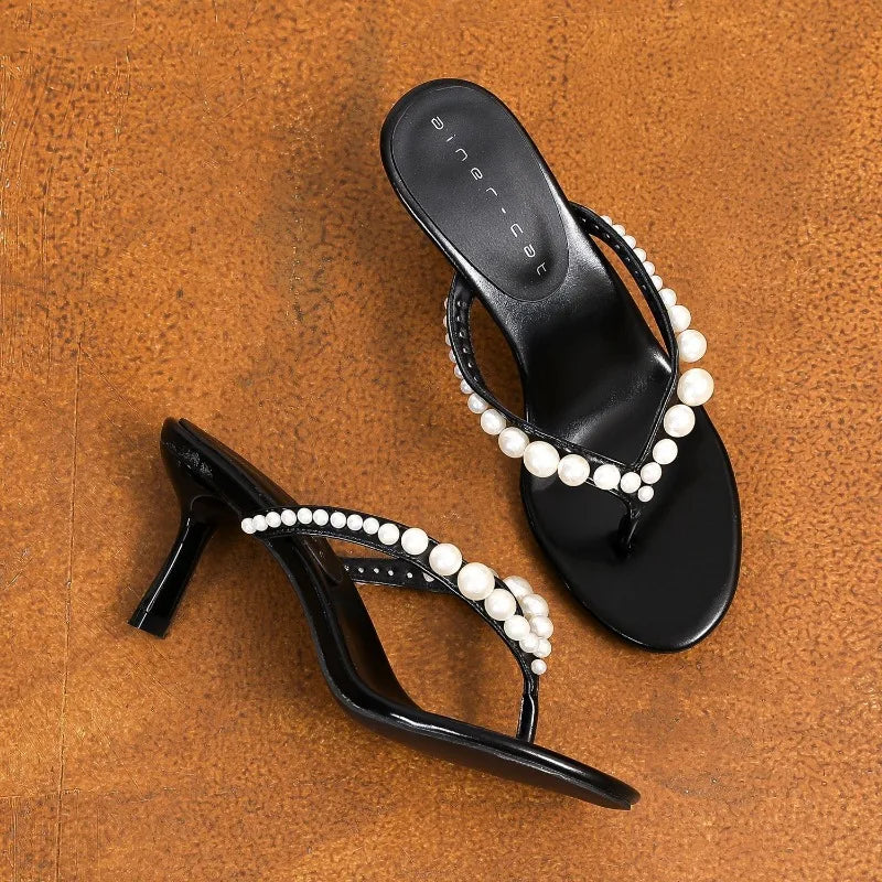 White Pearl Decorated Flip Flops Comfortable Stiletto Heel