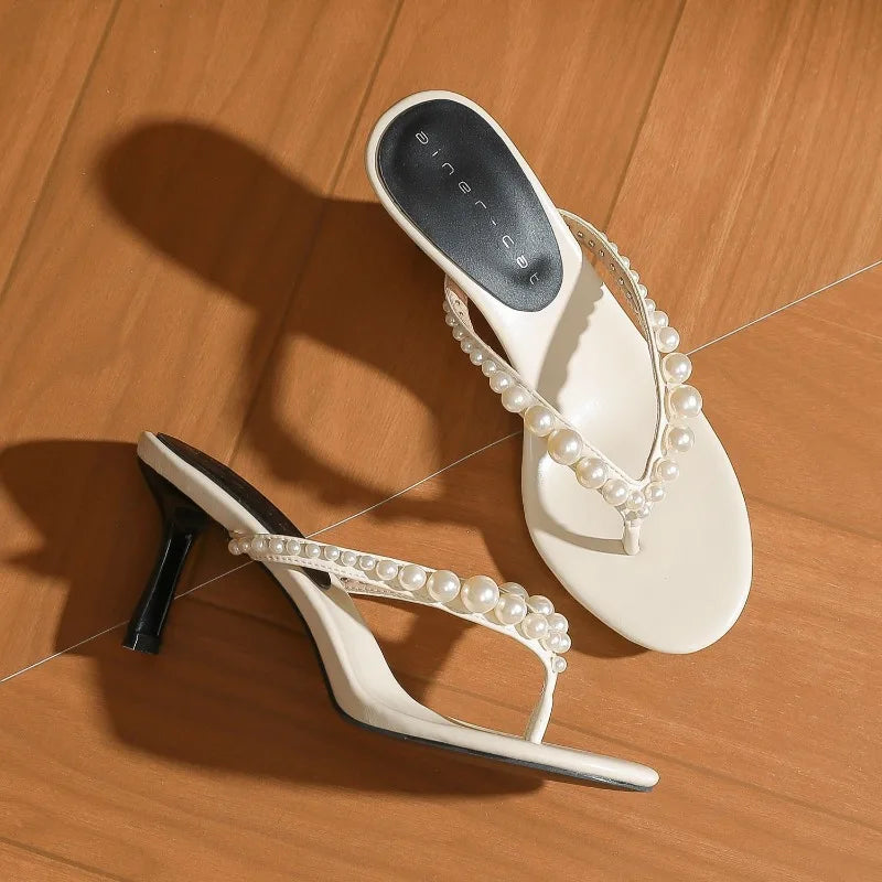 White Pearl Decorated Flip Flops Comfortable Stiletto Heel