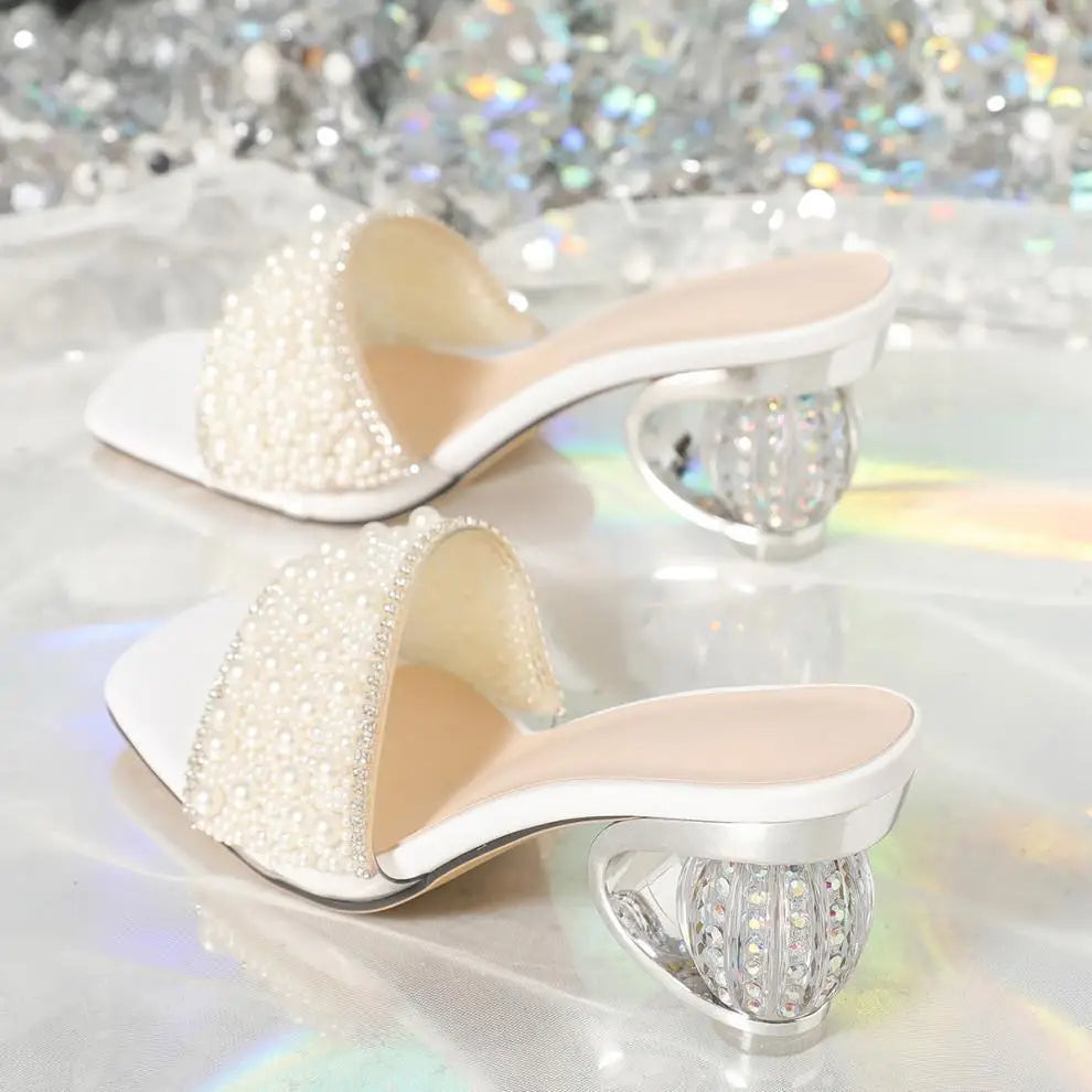 White Pearl Shiny Sandals Slippers Transparent Thick Bottom Party Dress Mules High Heel