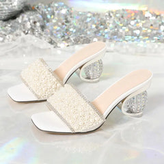 White Pearl Shiny Sandals Slippers Transparent Thick Bottom Party Dress Mules High Heel