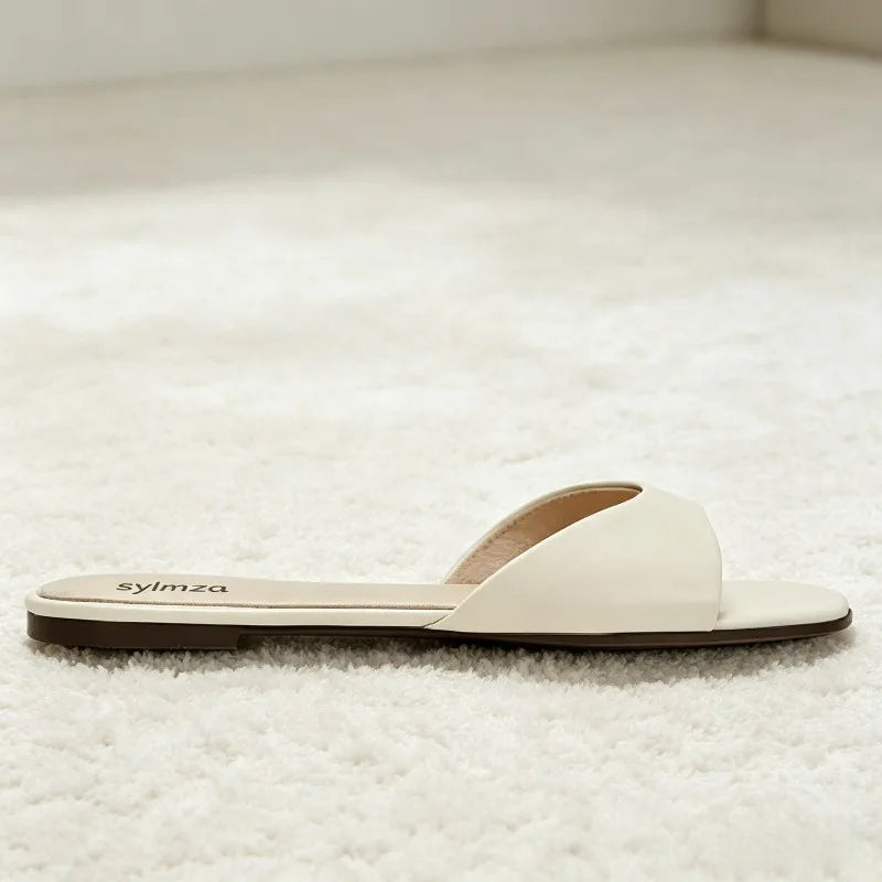 White Soft Leather Front Strap Flat Sandals Square-toed Open-toe Designer Shoes
