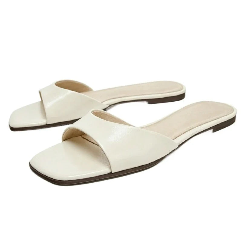 White Soft Leather Front Strap Flat Sandals Square-toed Open-toe Designer Shoes