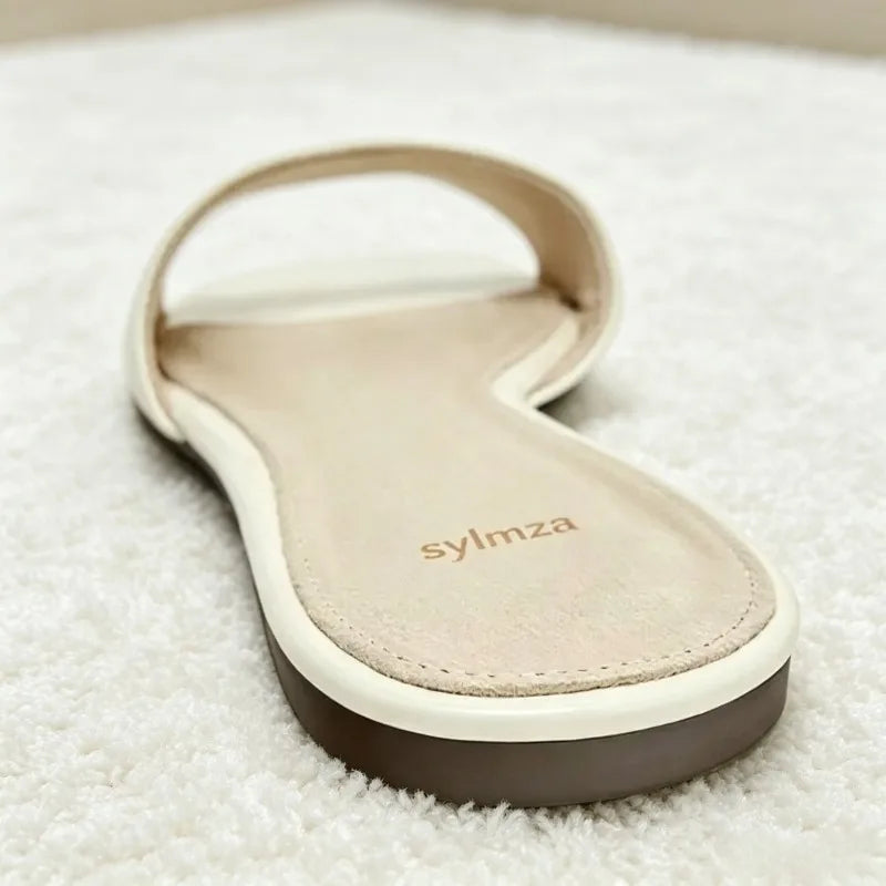White Soft Leather Front Strap Flat Sandals Square-toed Open-toe Designer Shoes