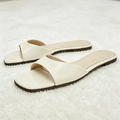 White Soft Leather Front Strap Flat Sandals Square-toed Open-toe Designer Shoes