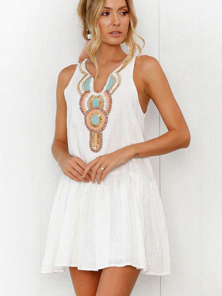 Casual Boho V-Neck Buttons Printed Mini Dress