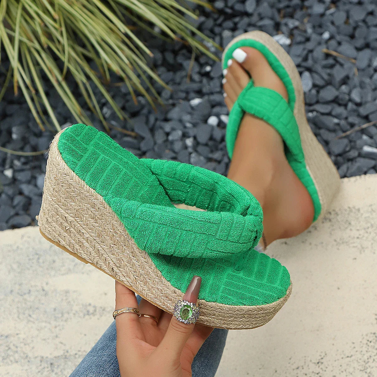 White Cane Straw Weave Thick Platform Slipper Open Toe Pinch Narrow Band Wedge High Heel