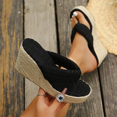 White Cane Straw Weave Thick Platform Slipper Open Toe Pinch Narrow Band Wedge High Heel