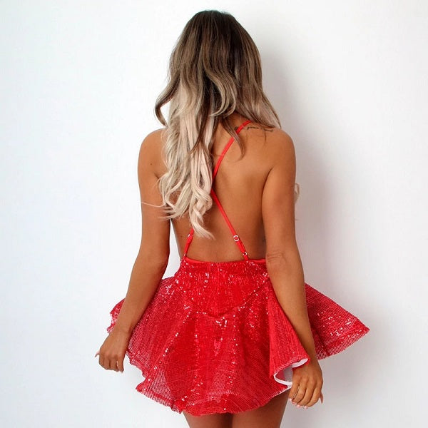 Sequins V-neck Halter Neck Prom Skating Short Mini Dress