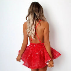 Sequins V-neck Halter Neck Prom Skating Short Mini Dress