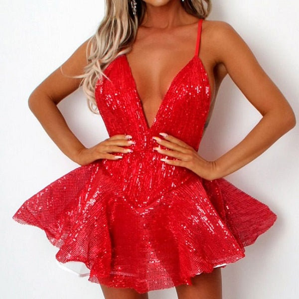 Sequins V-neck Halter Neck Prom Skating Short Mini Dress