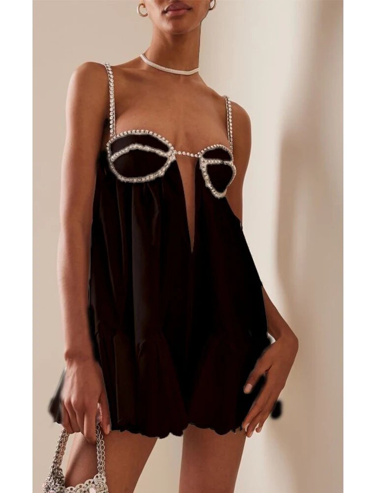 Backless Diamond Drawstring Square Collar Solid Color Mini Party Dress