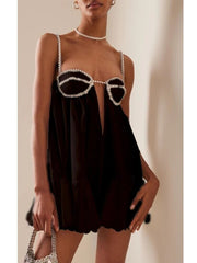 Backless Diamond Drawstring Square Collar Solid Color Mini Party Dress