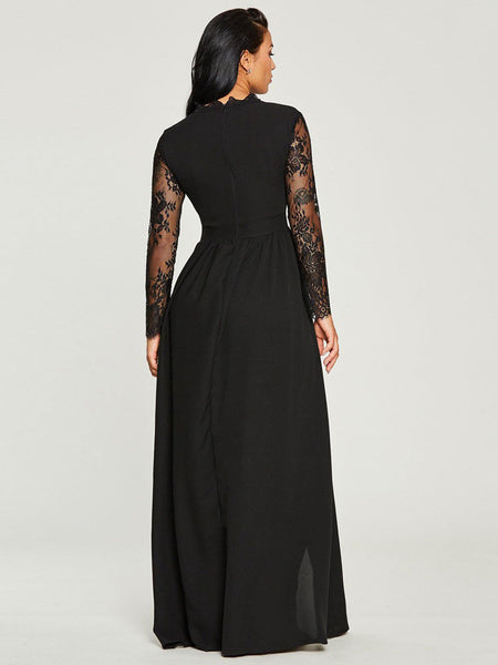 Long Illusion Sleeves High Split Lace And Chiffon Party Prom Formal Gowns