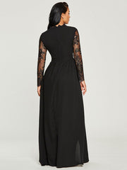 Long Illusion Sleeves High Split Lace And Chiffon Party Prom Formal Gowns