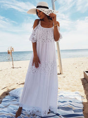 Boho Maxi Dress Lace Half Sleeve Cold Shoulder Beach Dress