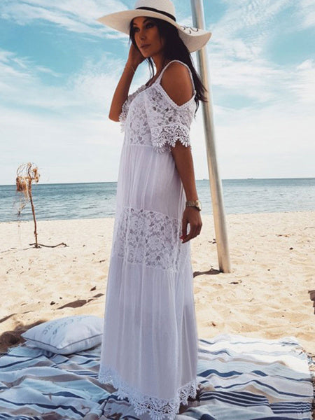 Boho Maxi Dress Lace Half Sleeve Cold Shoulder Beach Dress