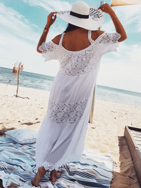 Boho Maxi Dress Lace Half Sleeve Cold Shoulder Beach Dress