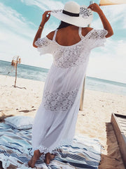 Boho Maxi Dress Lace Half Sleeve Cold Shoulder Beach Dress